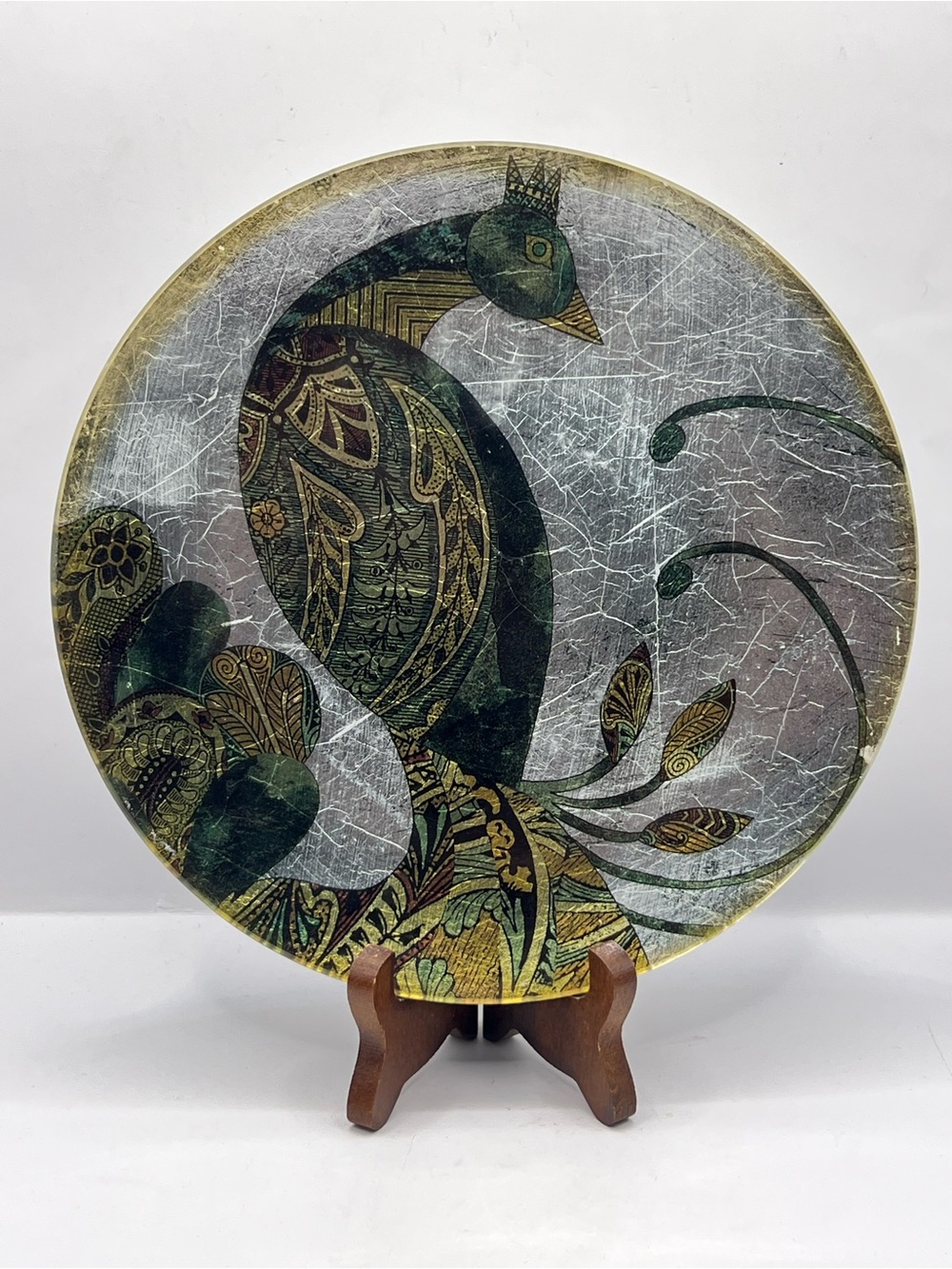 Decorative Peacock Plate Foil Under Glass Bohemian Style 8.25”